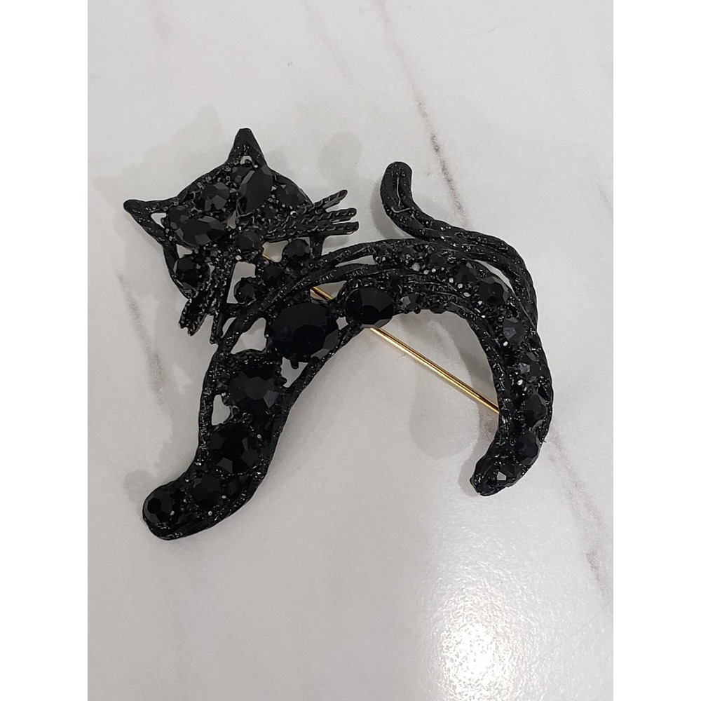 Arched Cat Brooch Vintage MCM Metal Kitty Pin Black Rhinestones Halloween Gothic